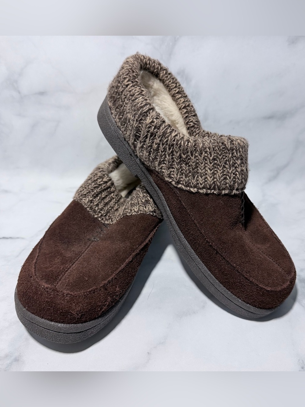 Clarks Knit Sweater Collar Suede Mule Slippers Brown Leather Upper Women’s 8M